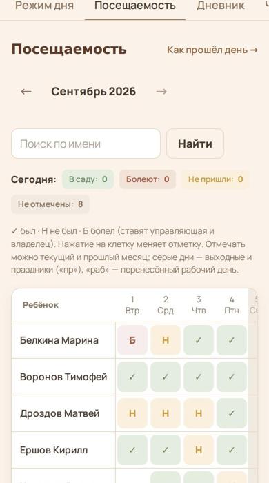 Таблица посещаемости группы на месяц